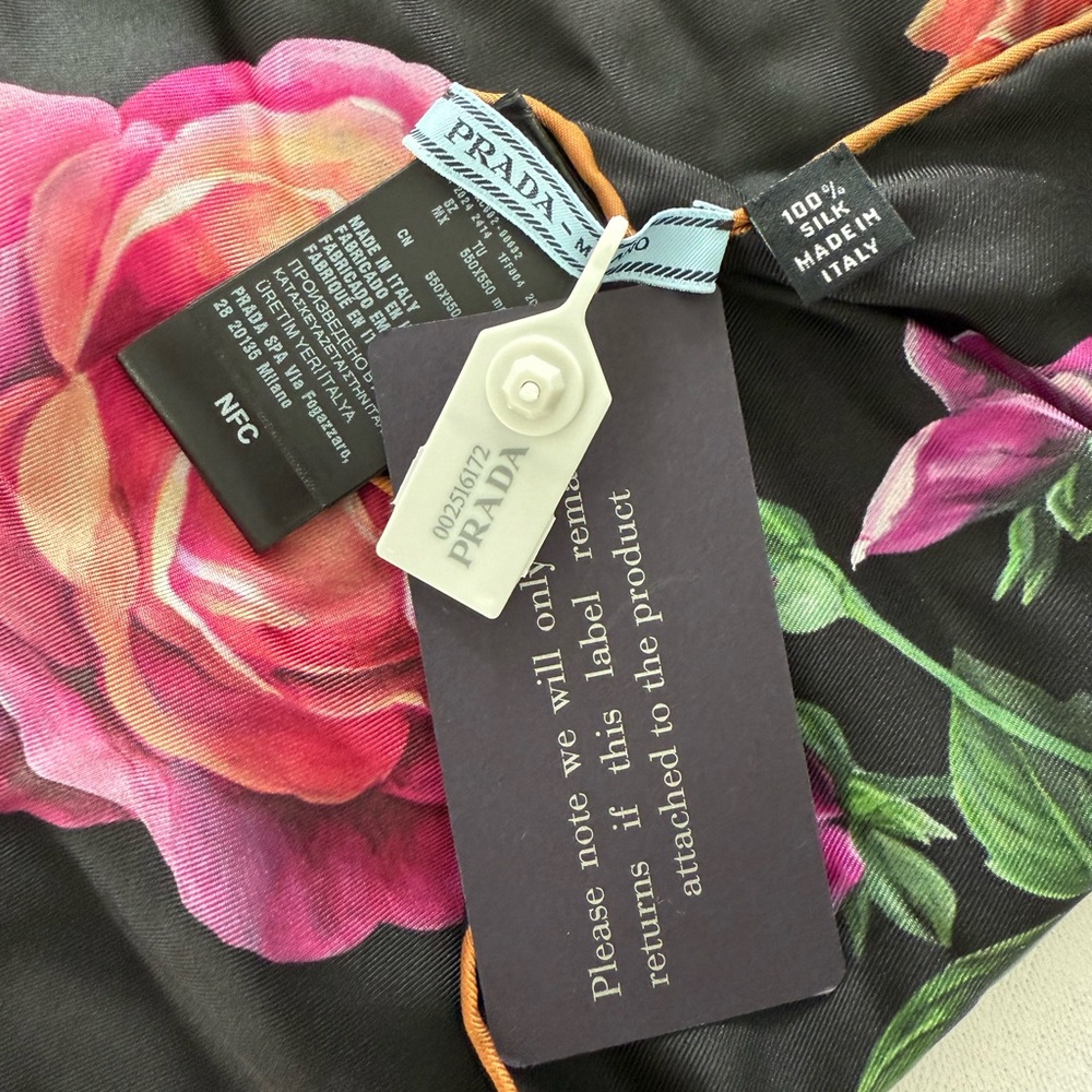 Prada Black and Pink Floral Silk Scarf